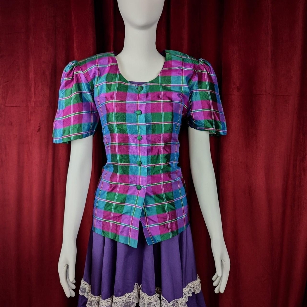 Vintage Purple & Green Satin Plaid Short Sleeve Button Up Blouse